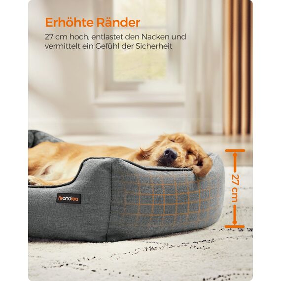 Feandrea Hundebett, Hundekissen in Leinenoptik, Hundekorb, erhöhte Ränder, rutschfeste Unterseite, Bezug abnehmbar waschbar, XL, für große Hunde, 110 x 75 x 27 cm, hellgrau PGW12GG