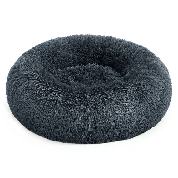 Feandrea Hundebett flauschig, Katzenbett, Donut Kissen, waschbar, Polsterung in der Mitte herausnehmbar, Langer Plüsch, 60 cm Durchmesser, dunkelgrau PGW038G02