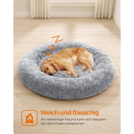 Feandrea Hundebett flauschig, Katzenbett, Donut Kissen, waschbar, Polsterung in der Mitte herausnehmbar, Langer Plüsch, 120 cm Durchmesser, Ombré-Grau PGW043G01