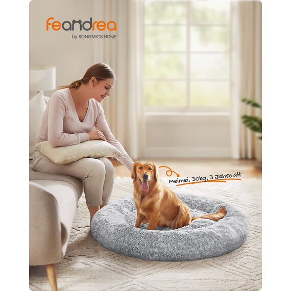 Feandrea Hundebett flauschig, Katzenbett, Donut Kissen, waschbar, Polsterung in der Mitte herausnehmbar, Langer Plüsch, 120 cm Durchmesser, Ombré-Grau PGW043G01