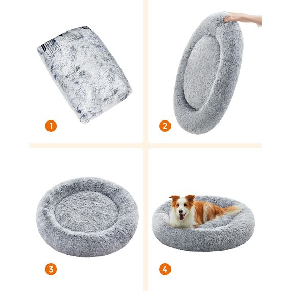 Feandrea Hundebett flauschig, Katzenbett, Donut Kissen, waschbar, Polsterung in der Mitte herausnehmbar, Langer Plüsch, 100 cm Durchmesser, Ombré-Grau PGW042G01