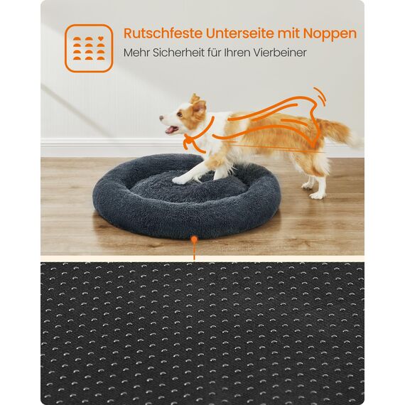 Feandrea Hundebett flauschig, Katzenbett, Donut Kissen, waschbar, Polsterung in der Mitte herausnehmbar, Langer Plüsch, 90 cm Durchmesser, dunkelgrau PGW041G02