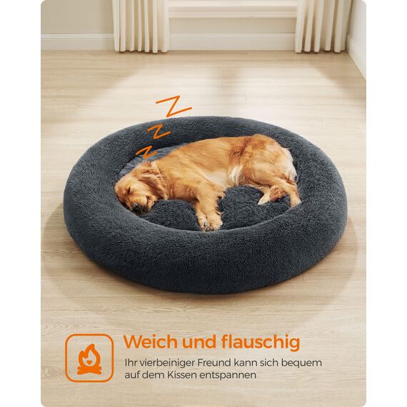 Feandrea Hundebett flauschig, Katzenbett, Donut Kissen, waschbar, Polsterung in der Mitte herausnehmbar, Langer Plüsch, 120 cm Durchmesser, dunkelgrau PGW043G02