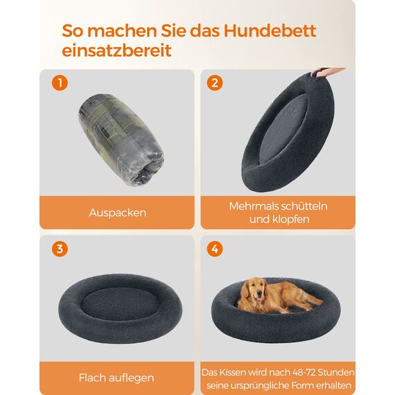 Feandrea Hundebett flauschig, Katzenbett, Donut Kissen, waschbar, Polsterung in der Mitte herausnehmbar, Langer Plüsch, 120 cm Durchmesser, dunkelgrau PGW043G02