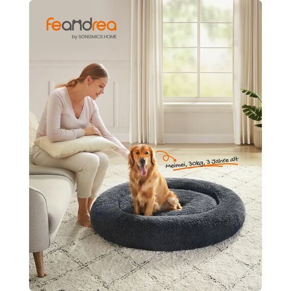 Feandrea Hundebett flauschig, Katzenbett, Donut Kissen, waschbar, Polsterung in der Mitte herausnehmbar, Langer Plüsch, 120 cm Durchmesser, dunkelgrau PGW043G02