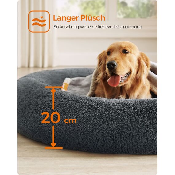 Feandrea Hundebett flauschig, Katzenbett, Donut Kissen, waschbar, Polsterung in der Mitte herausnehmbar, Langer Plüsch, 120 cm Durchmesser, dunkelgrau PGW043G02