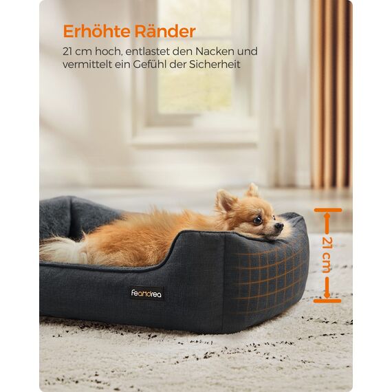 Feandrea Hundebett, Hundekissen in Leinenoptik, Hundekorb, erhöhte Ränder, rutschfeste Unterseite, Bezug abnehmbar waschbar, M, für kleine Hunde, 70 x 55 x 21 cm, dunkelgrau PGW010G01