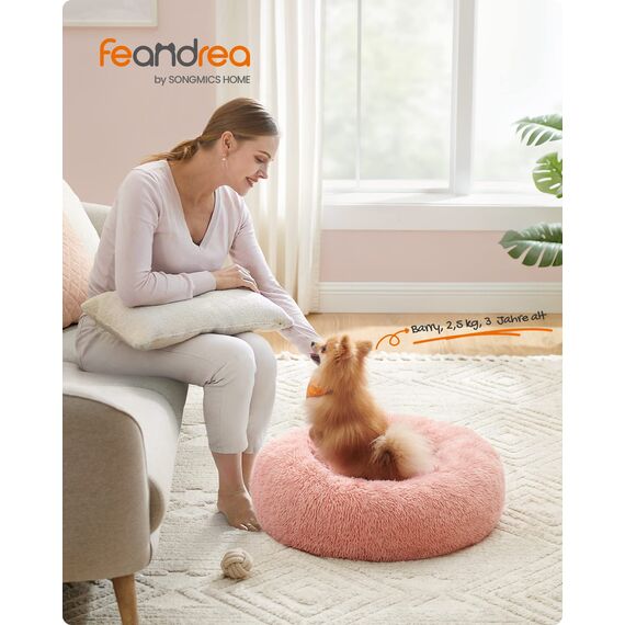 Feandrea Hundebett flauschig, Katzenbett, Donut Kissen, waschbar, Polsterung in der Mitte herausnehmbar, Langer Plüsch, 60 cm Durchmesser, rosa PGW038P01