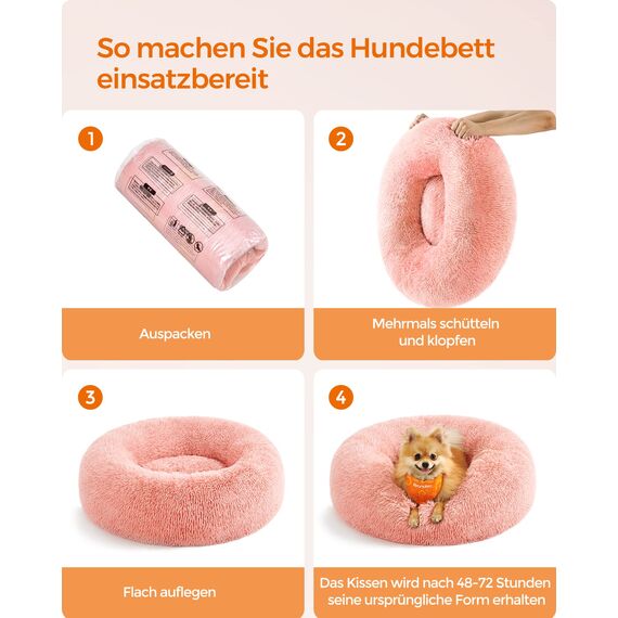 Feandrea Hundebett flauschig, Katzenbett, Donut Kissen, waschbar, Polsterung in der Mitte herausnehmbar, Langer Plüsch, 60 cm Durchmesser, rosa PGW038P01