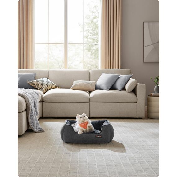 Feandrea Katzenbett, Hundebett, Hundekissen in Leinenoptik, erhöhte Ränder, rutschfeste Unterseite, Bezug abnehmbar waschbar, S, für Minihund, 60 x 50 x 21 cm, dunkelgrau PGW009G01