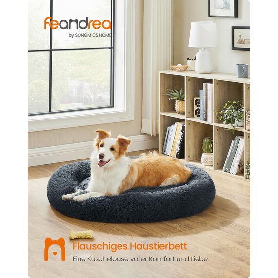Feandrea Hundebett flauschig, Katzenbett, Donut Kissen, waschbar, Polsterung in der Mitte herausnehmbar, Langer Plüsch, 90 cm Durchmesser, dunkelgrau PGW041G02