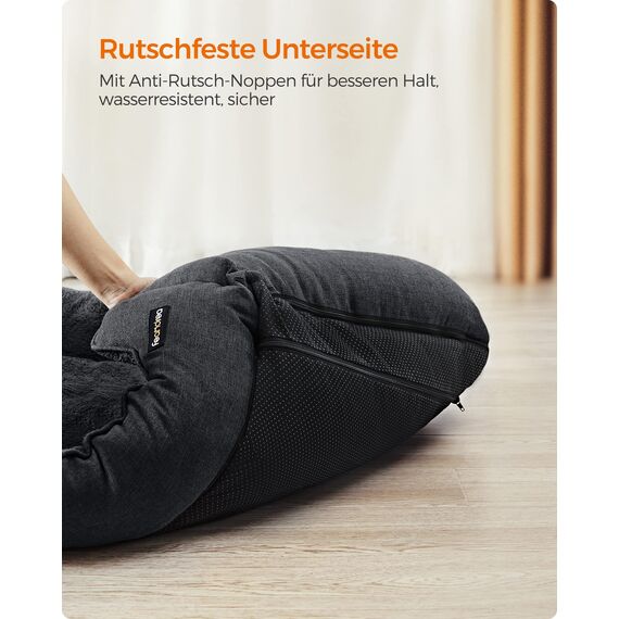 Feandrea Hundebett, Hundekissen in Leinenoptik, Hundekorb, erhöhte Ränder, rutschfeste Unterseite, Bezug abnehmbar waschbar, M, für kleine Hunde, 70 x 55 x 21 cm, dunkelgrau PGW010G01