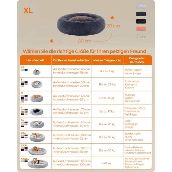 Feandrea Hundebett flauschig, Katzenbett, Donut Kissen, waschbar, Polsterung in der Mitte herausnehmbar, Langer Plüsch, 80 cm Durchmesser, dunkelgrau PGW040G02