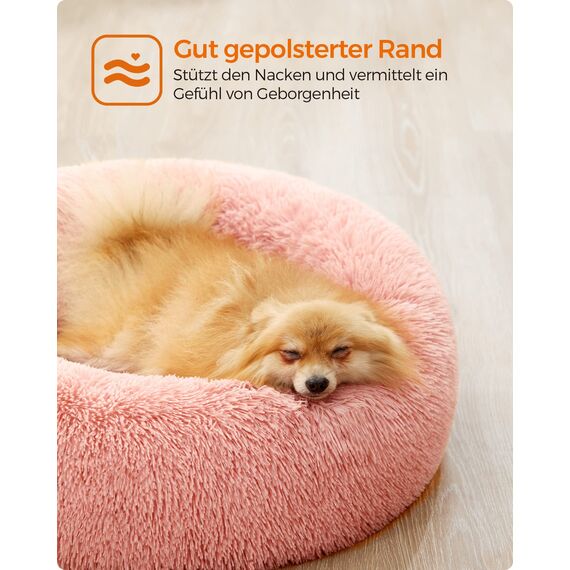 Feandrea Hundebett flauschig, Katzenbett, Donut Kissen, waschbar, Polsterung in der Mitte herausnehmbar, Langer Plüsch, 60 cm Durchmesser, rosa PGW038P01