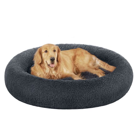 Feandrea Hundebett flauschig, Katzenbett, Donut Kissen, waschbar, Polsterung in der Mitte herausnehmbar, Langer Plüsch, 120 cm Durchmesser, dunkelgrau PGW043G02