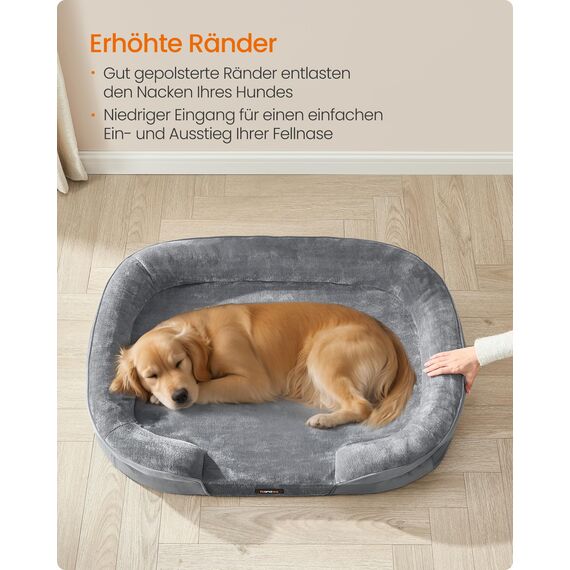 Feandrea Hundebett, Hundekissen, für große Hunde, 106 x 76 x 18 cm, orthopädisch, wasserdichte Innenschicht, erhöhte Ränder, Abnehmbarer, waschbarer Bezug, rutschfest, hellgrau PGW283G01