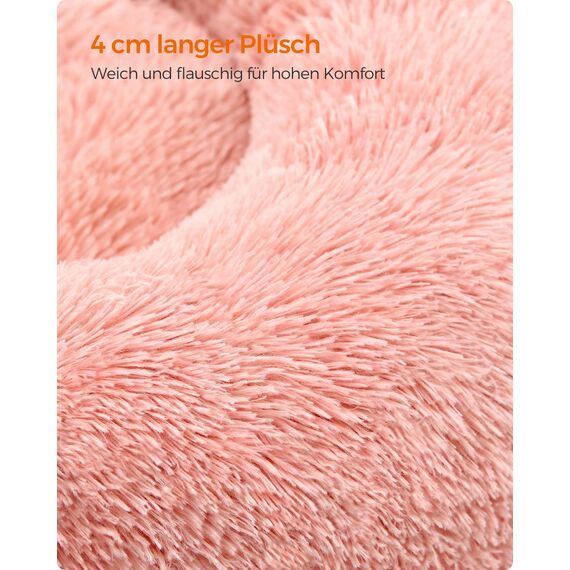 Feandrea Hundebett flauschig, Katzenbett, Donut Kissen, waschbar, Polsterung in der Mitte herausnehmbar, Langer Plüsch, 60 cm Durchmesser, rosa PGW038P01