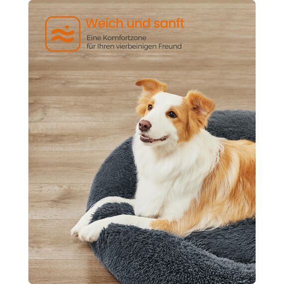 Feandrea Hundebett flauschig, Katzenbett, Donut Kissen, waschbar, Polsterung in der Mitte herausnehmbar, Langer Plüsch, 90 cm Durchmesser, dunkelgrau PGW041G02