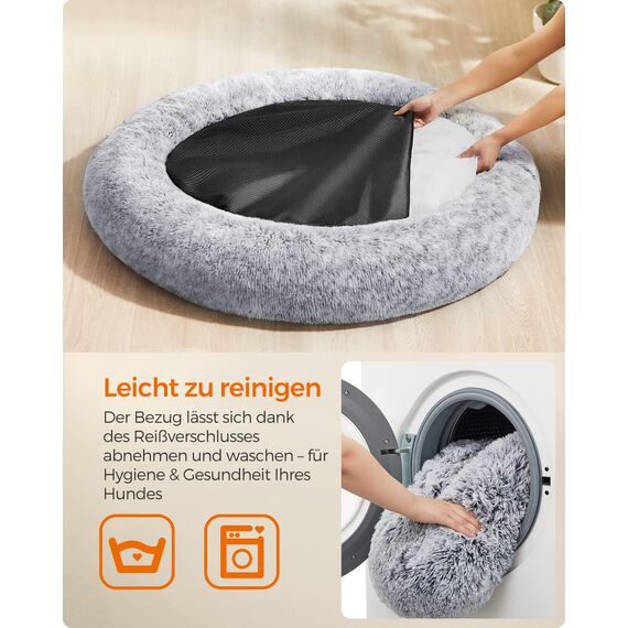 Feandrea Hundebett flauschig, Katzenbett, Donut Kissen, waschbar, Polsterung in der Mitte herausnehmbar, Langer Plüsch, 120 cm Durchmesser, Ombré-Grau PGW043G01