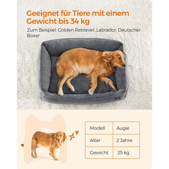 Feandrea Hundebett, Hundekissen in Leinenoptik, Hundekorb, erhöhte Ränder, rutschfeste Unterseite, Bezug abnehmbar waschbar, XL, für große Hunde, 110 x 75 x 27 cm, hellgrau PGW12GG