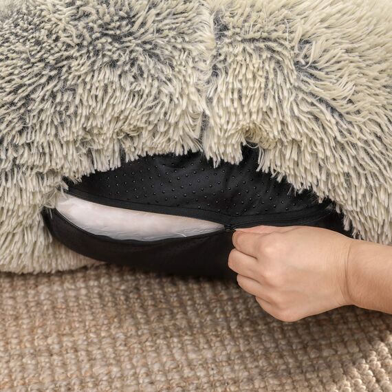 Feandrea Hundebett flauschig, Katzenbett, Donut Kissen, waschbar, Polsterung in der Mitte herausnehmbar, Langer Plüsch, 70 cm Durchmesser, Ombré-Khaki PGW039S01