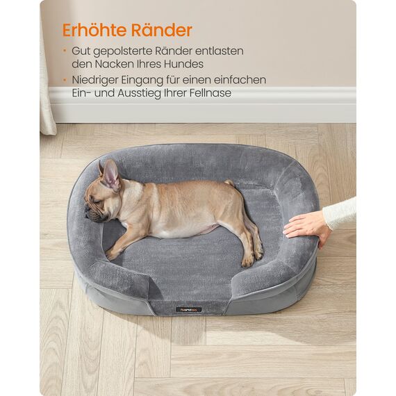 Feandrea Hundebett, Hundekissen, für mittelgroße Hunde, 76 x 51 x 18 cm, orthopädisch, wasserdichte Innenschicht, erhöhte Ränder, Abnehmbarer, waschbarer Bezug, rutschfest, hellgrau PGW281G01