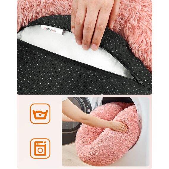 Feandrea Hundebett flauschig, Katzenbett, Donut Kissen, waschbar, Polsterung in der Mitte herausnehmbar, Langer Plüsch, 70 cm Durchmesser, rosa PGW039P01