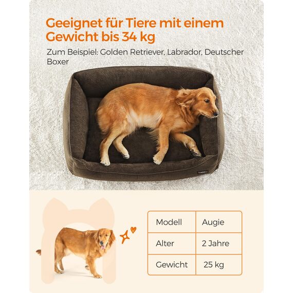 Feandrea Hundebett, Hundekissen in Leinenoptik, Hundekorb, erhöhte Ränder, rutschfeste Unterseite, Bezug abnehmbar waschbar, XL, für große Hunde, 110 x 75 x 27 cm, braun PGW12CC