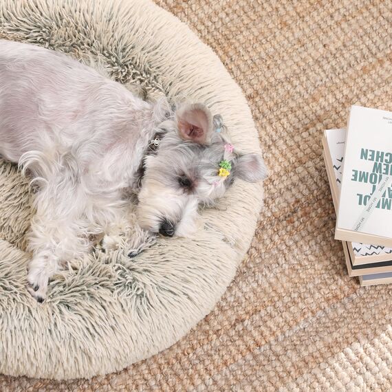 Feandrea Hundebett flauschig, Katzenbett, Donut Kissen, waschbar, Polsterung in der Mitte herausnehmbar, Langer Plüsch, 70 cm Durchmesser, Ombré-Khaki PGW039S01