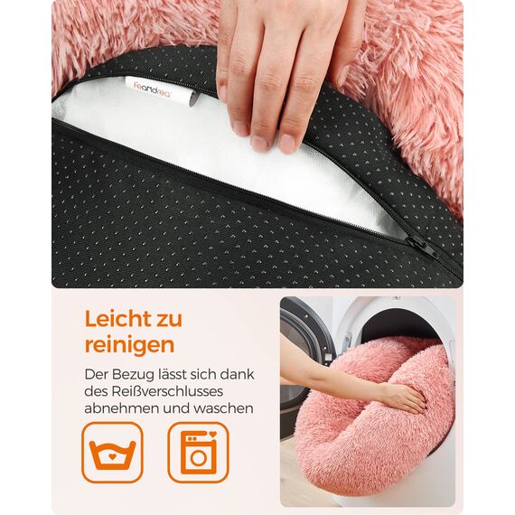 Feandrea Hundebett flauschig, Katzenbett, Donut Kissen, waschbar, Polsterung in der Mitte herausnehmbar, Langer Plüsch, 60 cm Durchmesser, rosa PGW038P01