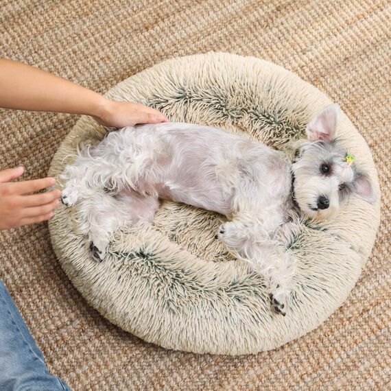 Feandrea Hundebett flauschig, Katzenbett, Donut Kissen, waschbar, Polsterung in der Mitte herausnehmbar, Langer Plüsch, 70 cm Durchmesser, Ombré-Khaki PGW039S01