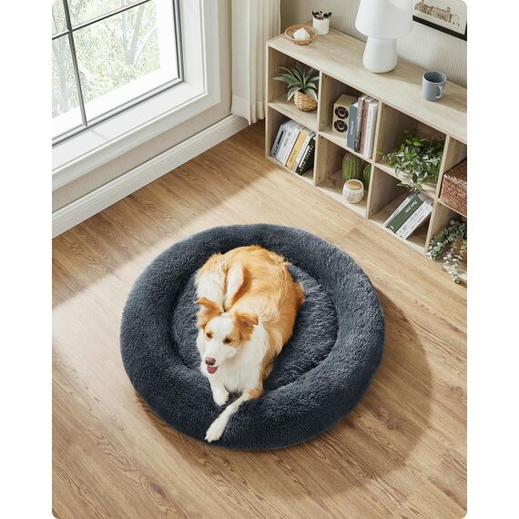Feandrea Hundebett flauschig, Katzenbett, Donut Kissen, waschbar, Polsterung in der Mitte herausnehmbar, Langer Plüsch, 100 cm Durchmesser, dunkelgrau PGW042G02