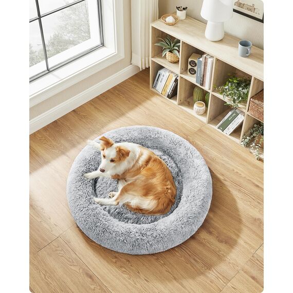 Feandrea Hundebett flauschig, Katzenbett, Donut Kissen, waschbar, Polsterung in der Mitte herausnehmbar, Langer Plüsch, 100 cm Durchmesser, Ombré-Grau PGW042G01