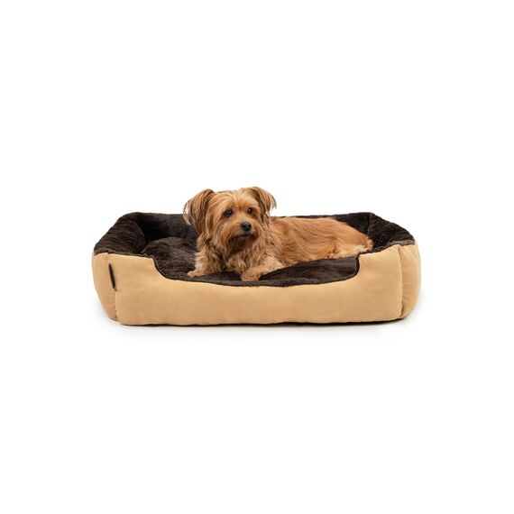 lionto Hundebett mit Wendekissen und Rutschfester Unterseite, Robustes Heimtierkissen mit tiefem Einstieg für Hunde und Katzen jeden Alters, 75x60 cm, kuscheliges Hundekissen, beige/braun