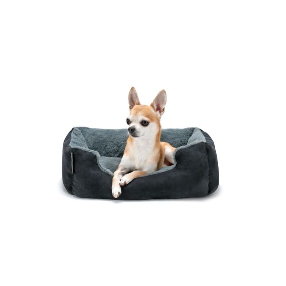 lionto Hundebett mit Wendekissen und Rutschfester Unterseite, Robustes Heimtierkissen mit tiefem Einstieg für Hunde und Katzen jeden Alters, 50x37 cm, kuscheliges Hundekissen, schwarz/grau