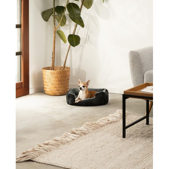 lionto Hundebett mit Wendekissen und Rutschfester Unterseite, Robustes Heimtierkissen mit tiefem Einstieg für Hunde und Katzen jeden Alters, 50x37 cm, kuscheliges Hundekissen, schwarz/grau