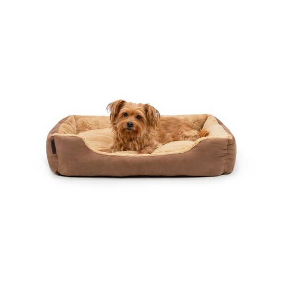 lionto Hundebett mit Wendekissen und Rutschfester Unterseite, Robustes Heimtierkissen mit tiefem Einstieg für Hunde und Katzen jeden Alters, 75x60 cm, kuscheliges Hundekissen, braun/beige