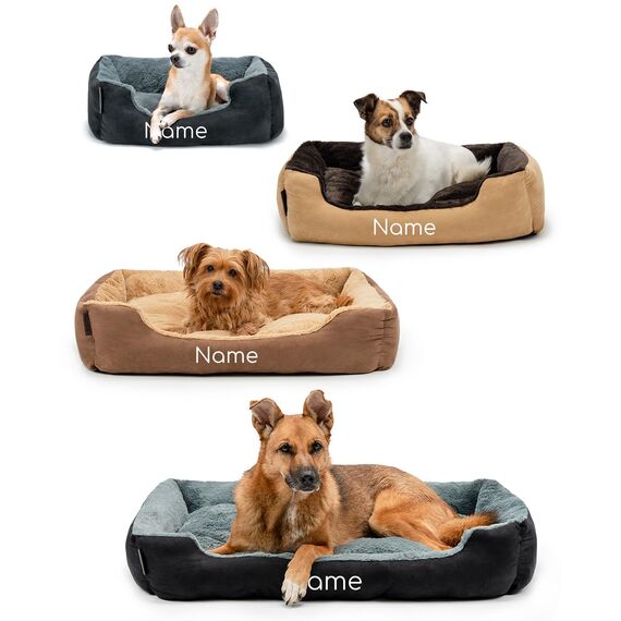 lionto Hundebett mit Wendekissen und Rutschfester Unterseite, Heimtierkissen mit tiefem Einstieg für Hunde und Katzen jeden Alters, 75x60 cm, kuscheliges Hundekissen, braun/beige (Namensaufdruck)