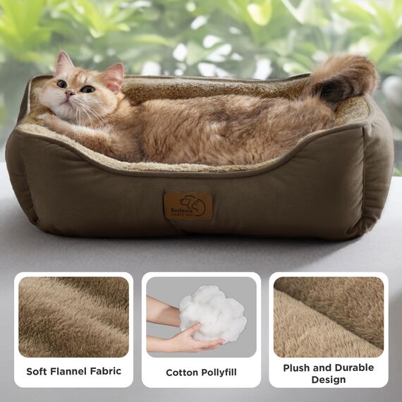 BEDSURE Katzenbett waschbar Katzen Bettchen - 51x41cm Katzenkorb Indoor mit Rutschfester Basis, quadratisches Hundebett für kleine Hunde mit weichem Rand, braun