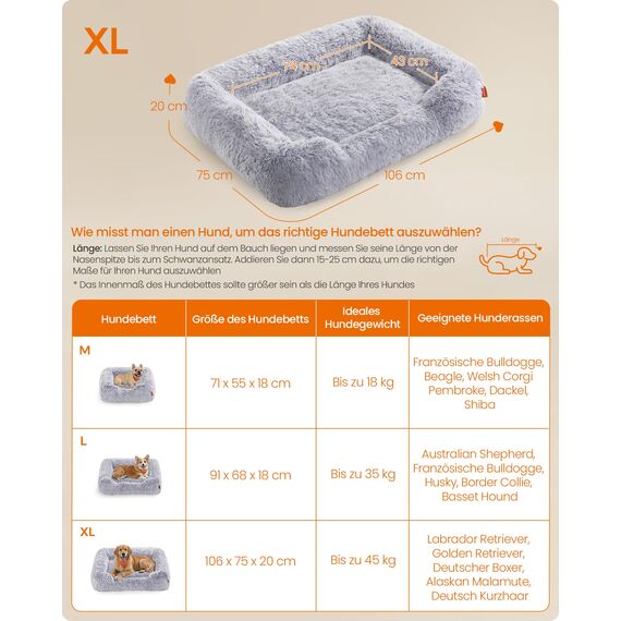 Feandrea Hundebett, großes Hundekissen, 106 x 75 x 20 cm, Hundekorb, weiche Polsterung, Hundesofa, erhöhte Ränder, Bezug abnehmbar und waschbar, rutschfest, Ombré-Grau PGW273G01