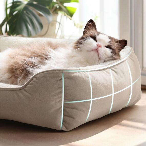 BEDSURE Katzenbett waschbar Katzen Bettchen - 51x41cm Katzenkorb Indoor mit Rutschfester Basis, quadratisches Hundebett für kleine Hunde mit weichem Rand, Kamel