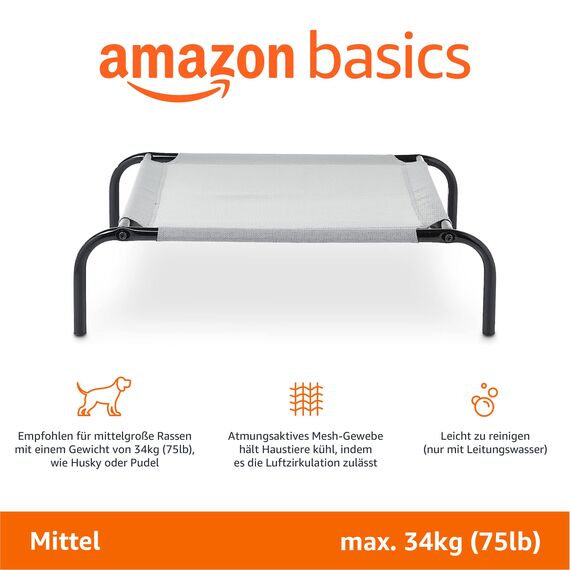 Amazon Basics Kühlendes erhöhtes Hund Haustierbett, M, Grau, L 110 x B 65 x H 19 cm