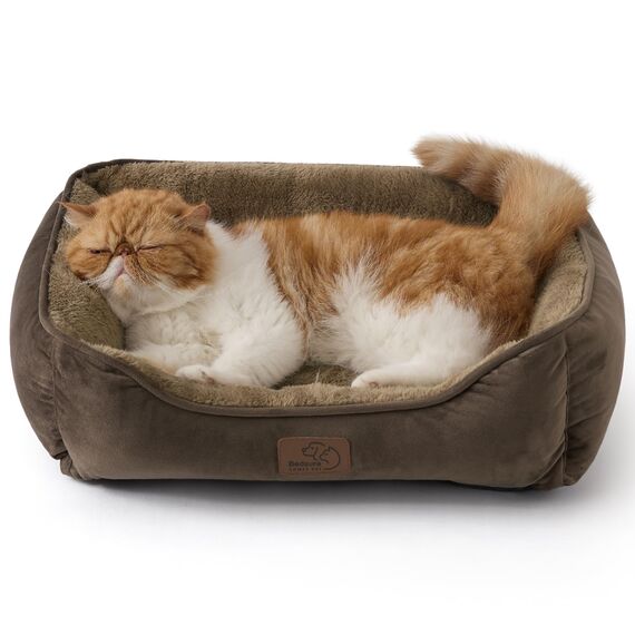 BEDSURE Katzenbett waschbar Katzen Bettchen - 51x41cm Katzenkorb Indoor mit Rutschfester Basis, quadratisches Hundebett für kleine Hunde mit weichem Rand, braun