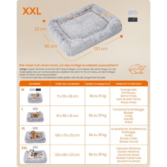 Feandrea Hundebett, extra großes Hundekissen, 120 x 85 x 23 cm, Hundekorb, weiche Polsterung, Hundesofa, erhöhte Ränder, Bezug abnehmbar und waschbar, rutschfest, Ombré-Grau PGW274GA01