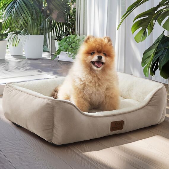 BEDSURE Katzenbett große Katzen waschbar - 63.5x53cm rutschfestes Hundebett kleine Hunde, quadratisches Katzenkorb mit weichem Rand, Kamel