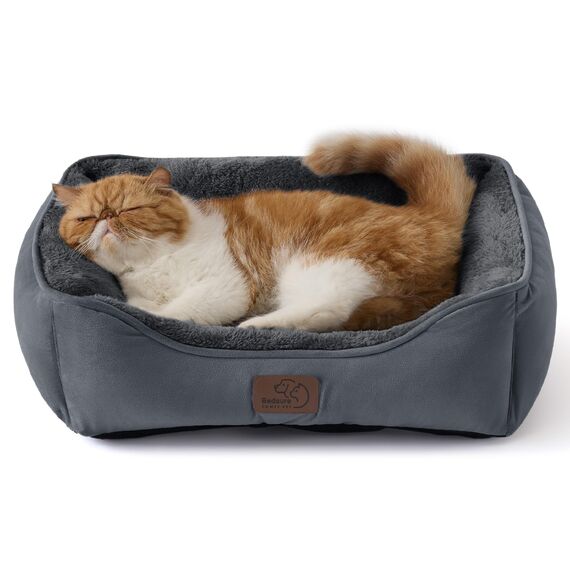 BEDSURE Katzenbett waschbar Katzen Bettchen - 51x41cm Katzenkorb Indoor mit Rutschfester Basis, quadratisches Hundebett für kleine Hunde mit weichem Rand, Dunkelgrau