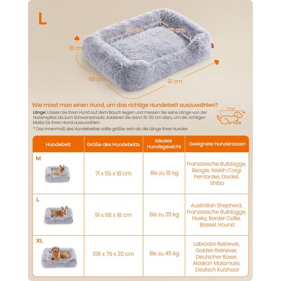 Feandrea Hundebett, großes Hundekissen, 91 x 68 x 18 cm, Hundekorb, weiche Polsterung, Hundesofa, erhöhte Ränder, Bezug abnehmbar und waschbar, rutschfest, Ombré-Grau PGW272G01