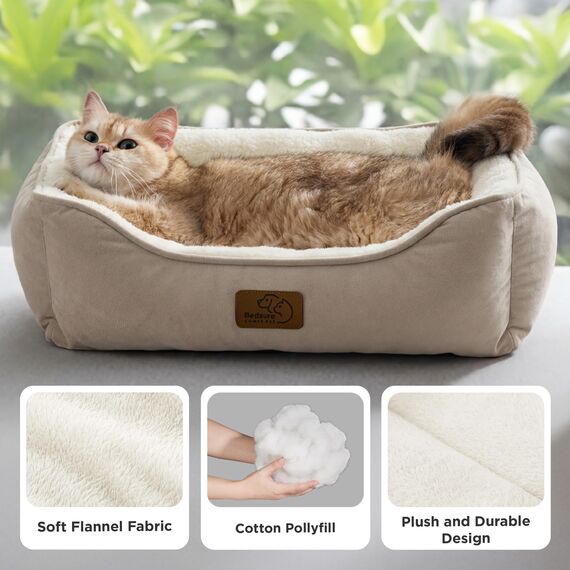 BEDSURE Katzenbett waschbar Katzen Bettchen - 51x41cm Katzenkorb Indoor mit Rutschfester Basis, quadratisches Hundebett für kleine Hunde mit weichem Rand, Kamel