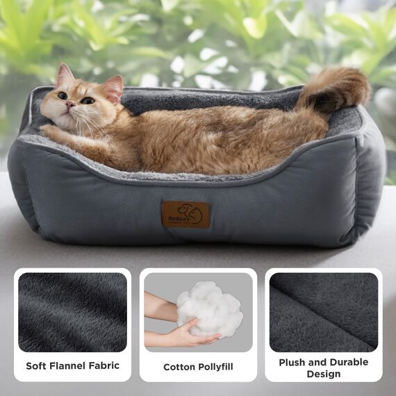 BEDSURE Katzenbett große Katzen waschbar - 63.5x53cm rutschfestes Hundebett kleine Hunde, quadratisches Katzenkorb mit weichem Rand, Dunkelgrau