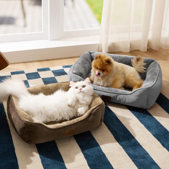 BEDSURE Katzenbett große Katzen waschbar - 63.5x53cm rutschfestes Hundebett kleine Hunde, quadratisches Katzenkorb mit weichem Rand, braun
